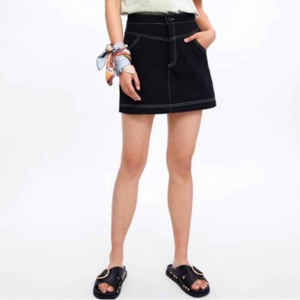 ZARA‎ Black Denim White Stitch A-line Mini Skirt Size XS